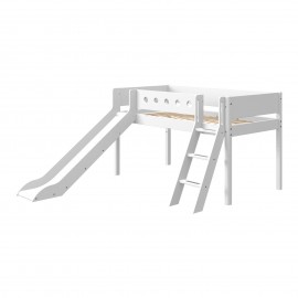 Halfhoog evolutief bed met schuine ladder en glijbaan - White