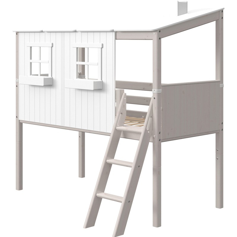 Halfhoog evolutief bed met compleet HUIS en schuine ladder - Classic